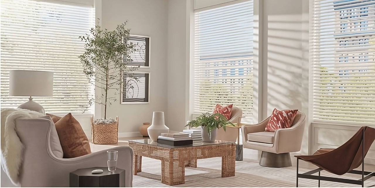 Hunter Douglas Aria™ Fabric Blinds in a living room at Window Ware near Wenonah, NJ