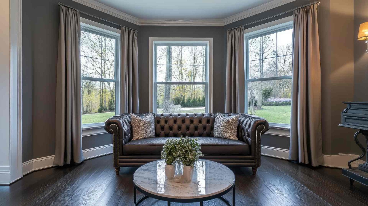 A bay window with a sofa and custom drapery at Window Ware near Wenonah Borough, New Jersey (NJ)