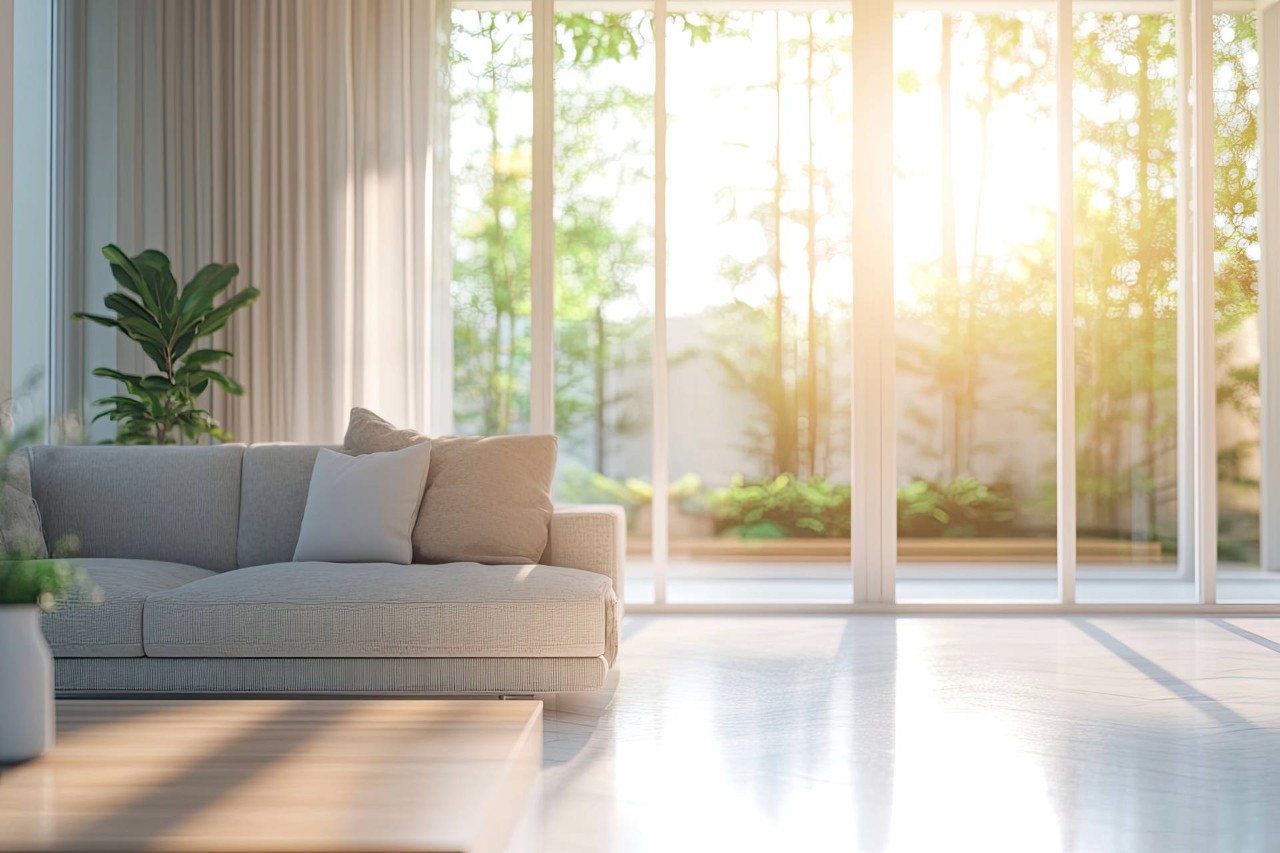 A living room with large windows and custom drapery at Window Ware near Wenonah Borough, New Jersey (NJ)