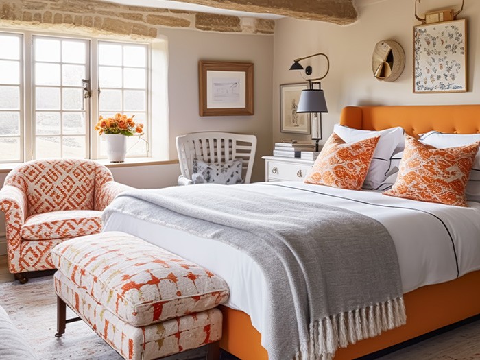 A bedroom featuring a large bed and accent chairs.