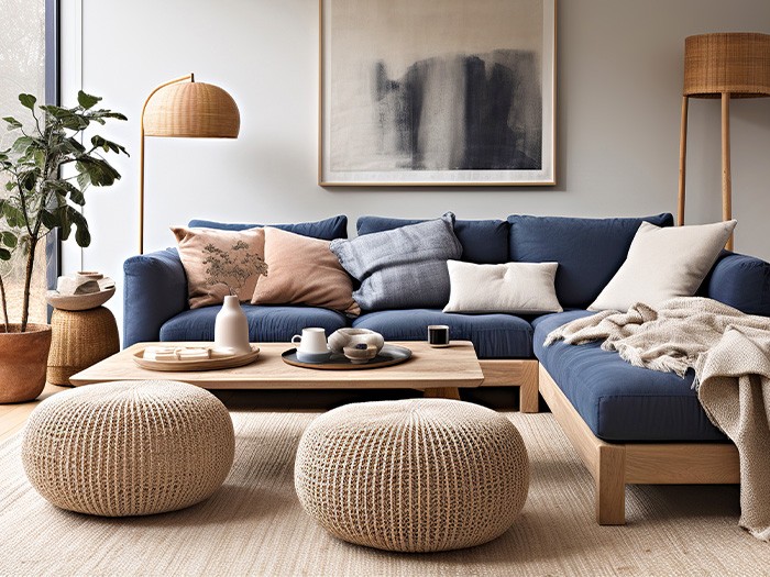 Living room featuring a section sofa, coffee table, and two poofs.